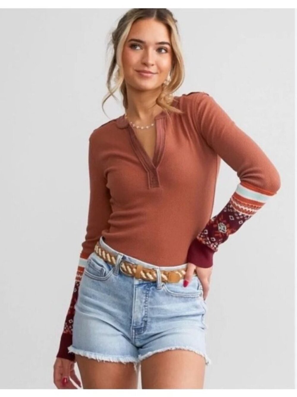 Free People Mikah Notch Neck Long Sleeve Blouse Autumn Orange Thermal Size S